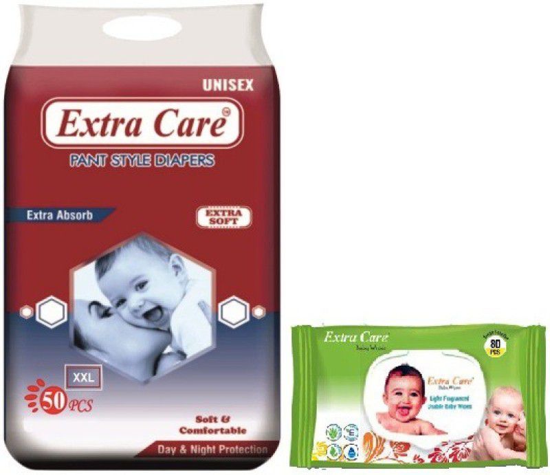 Extra Care Premium Pant Diaper XXL size 50 piece + Baby Wipes (80 wipes) 16 kg & above - XXL  (50 Pieces)