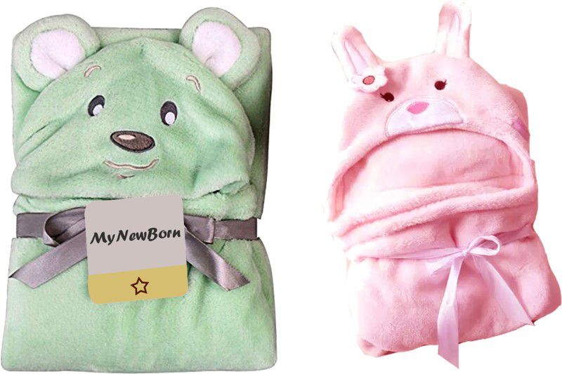 My New Born by 10Club Cartoon Crib Hooded Baby Blanket for AC Room  (Cotton, pink - Green)
