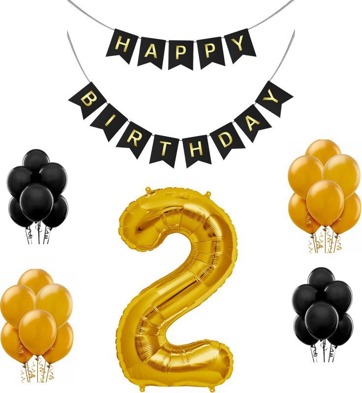 Tiank Innovation Combo for Birthday Party Decoration (Black & Gold Happy Birthday Bunting Flag Banner + 2 Number Gold Foil Balloon + 30 Pcs Gold & Black Metallic Balloon) (2 Number Combo)  (Set of 3)