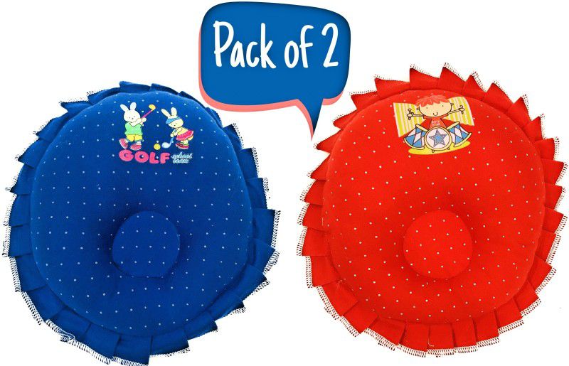 The Little Lookers Polyester Fibre Round & Frilled Baby Pillow Pack of 2  (Red & Navy Blue)