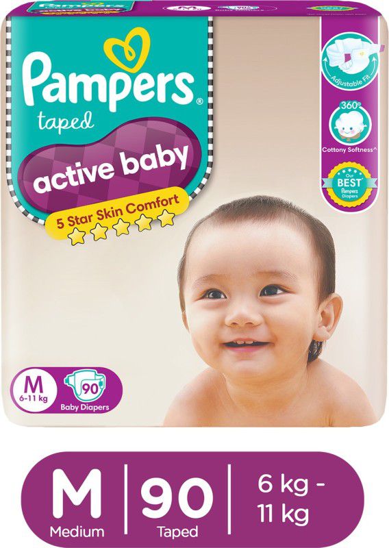 Pampers Active Baby Diapers Taped Medium Size  (90 Pieces)