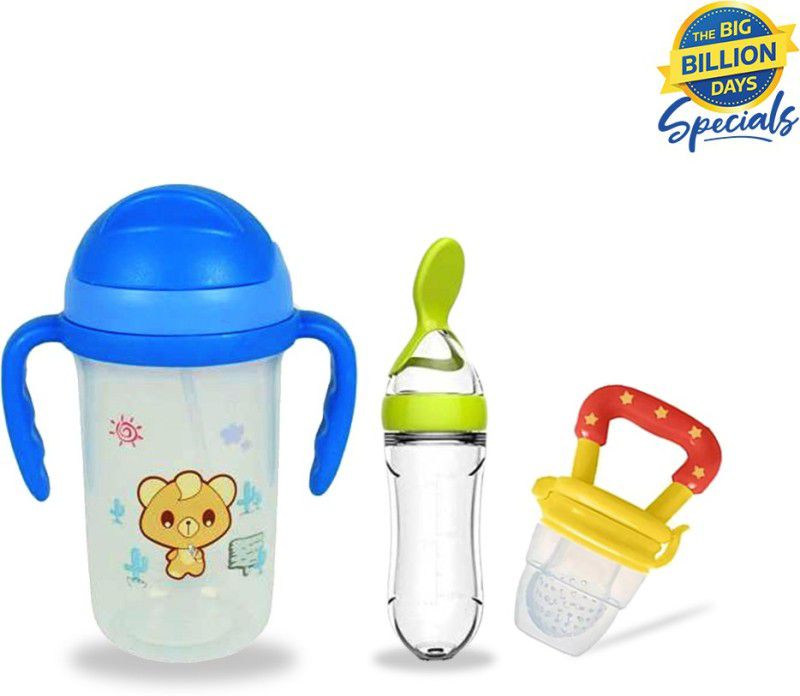 Miss & Chief Soft Straw Feeding Sipper Anti Spill for Kids With Fruit Feeder And Soother - Made of Food-Grade Material, 100% free of BPA  (Blue, Green, Yellow)
