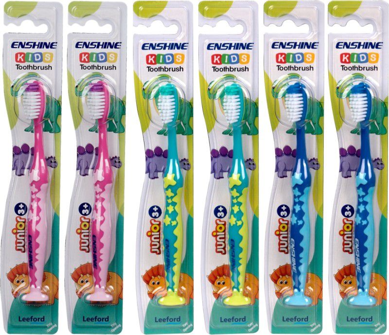 Enshine Kids Toothbrush for Junior [3+years] with Easy Grip | Assorted Colors - Extra Soft Toothbrush  (6 Toothbrushes)