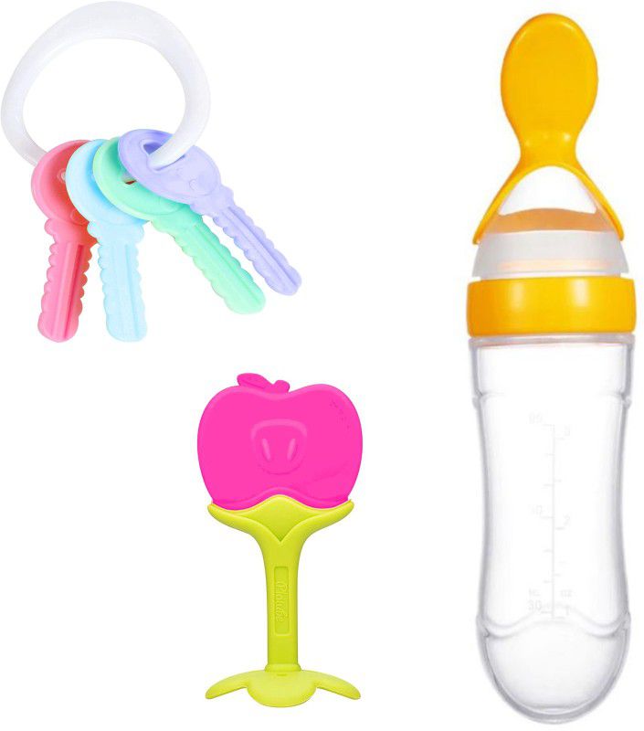 TINNY TOTS Baby Silicone Spoon Feeding Bottle With Key Teether & Fruit Shaped Dental Care Teether and Feeder  (APPLE KEY)
