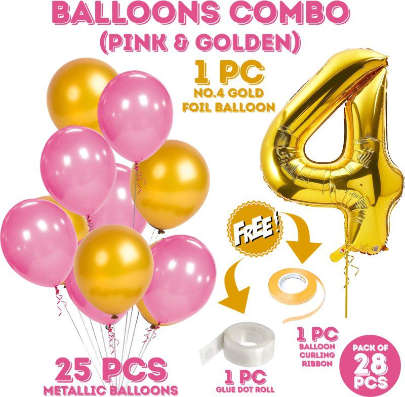 ZYOZI 16 inch Number 4 Foil Balloons with Balloons,Ribbon and Glue Dot(Pack of 28)  (Set of 28)