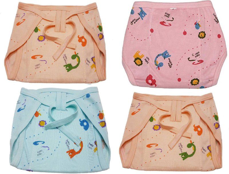 PEUBUD Reusable U Shape Cushioned/Padded Cotton Hosiery Nappies Pack Of 4 (Multicolor, 0-9 Months)