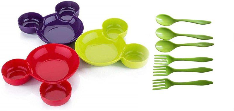 Ecodex Unbreakable Eco-Friendly Children's Mickey Minnie Shaped Serving Food Plate with Spoon and Fork - Set of 3 - plastic  (Multicolor)
