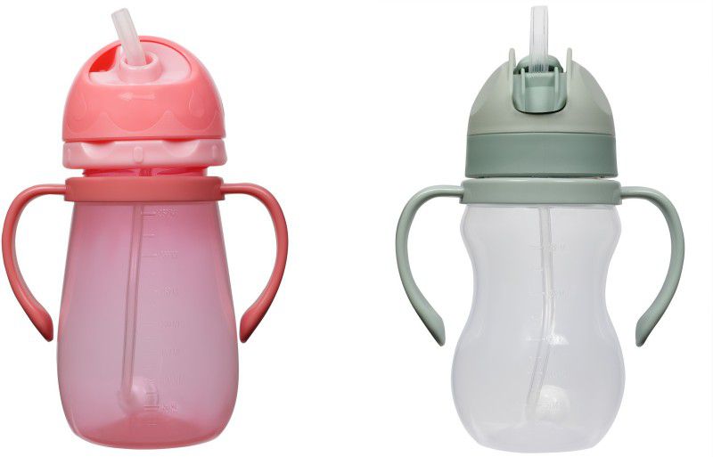 Nabhya Combo Of 2 Spill-Proof Kids 350ml Transparent with Gravity Ball Straw Sipper Cup Water Bottle with Handles  (Pink, Green)