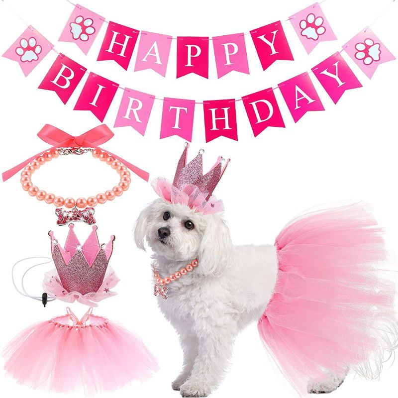 PETANGEL 4Pcs Dog Birthday Outfit with Tutu Skirt,Necklace ,Hat and Happy Birthday Banner  (Set of 4)