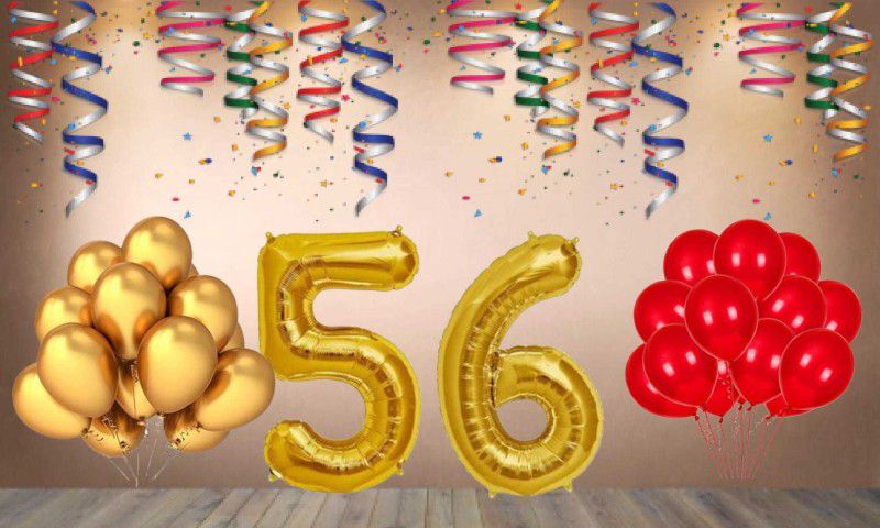Balloonistics Gold Number 56 Foil Balloon and 25 Nos Red Gold Metallic Shiny Latex Balloon  (Set of 1)