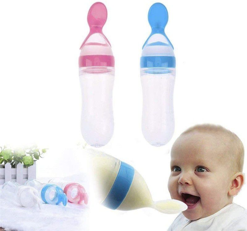 Kidsify 90ML Newborn Baby Feeding Bottle Toddler Silicone Squeeze Feeding Spoon Milk Cereal Bottle Baby Training Feeder (Pack of 2) - Silicone  (Blue,Pink)