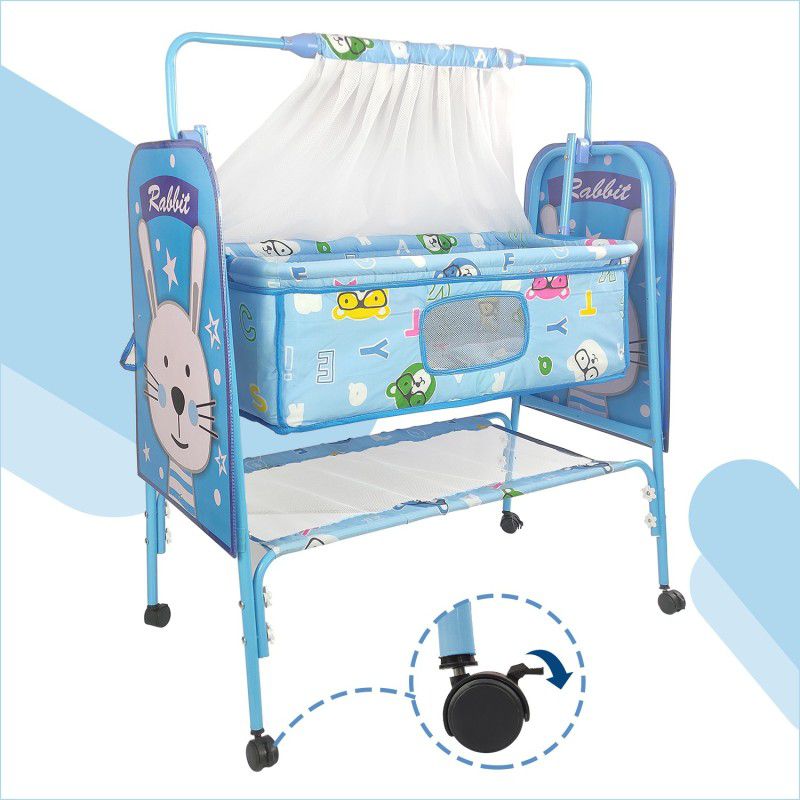 Miss & Chief Cozy New Born Baby Cradle, Baby Bedding With Mattress, Mosquito Net & Wheel Lock Bassinet  (Blue)