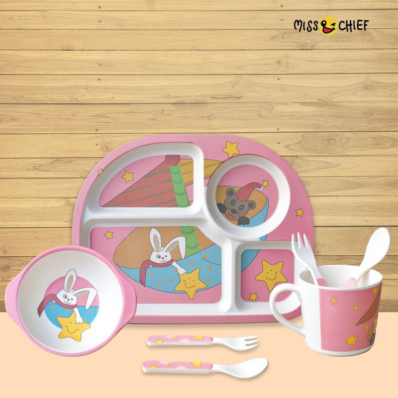 Miss & Chief Eco Friendly Bamboo Fibre 5 Pcs Kids Dining Set (Pink Rabbit) - Bambofiber  (Multicolor)