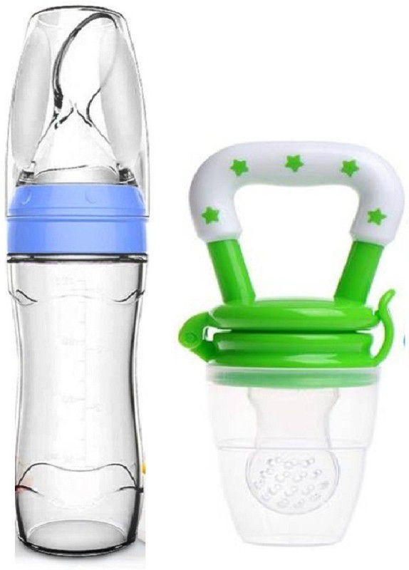 Manan Shopee Baby Silicone Cerelac Food Feeder And Baby Fruit Nibbler -Combo Teether and Feeder  (Blue/Green)