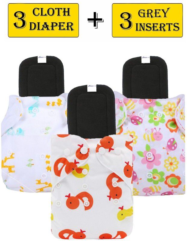 PSOUL Washable Reusable Print Baby Cloth Diaper With Insert Cotton Pad Set Of 3