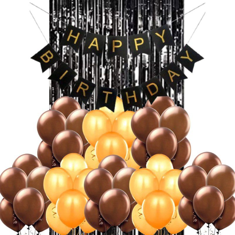 B4 Birthday Party Decoration Kit Black Happy Birthday Banner, 30 Brown, Gold Decoration Balloons 1 Black Shining Fringe Curtain  (Set of 32)