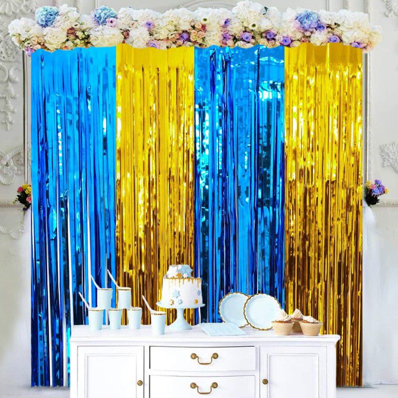 ZYOZI Blue Gold Party Supplies Foil Fringe Curtain,Metallic Door Curtains(Pack of 4)  (Set of 4)