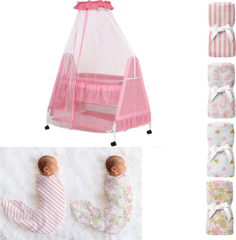 KIDDERY Polkamania Baby Combo Pack 1Cradle 4 Wash Cloths 2 Wraps Floral & Stripes Pink Bassinet  (Pink)