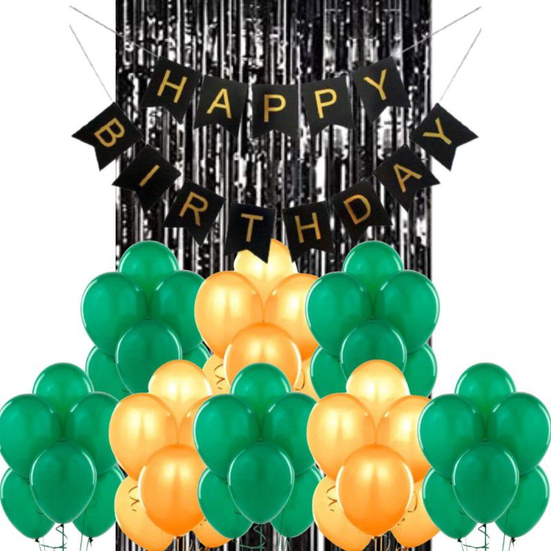 B4 Birthday Party Decoration Kit Black Happy Birthday Banner, 30 Green, Gold Decoration Balloons 1 Black Shining Fringe Curtain  (Set of 32)
