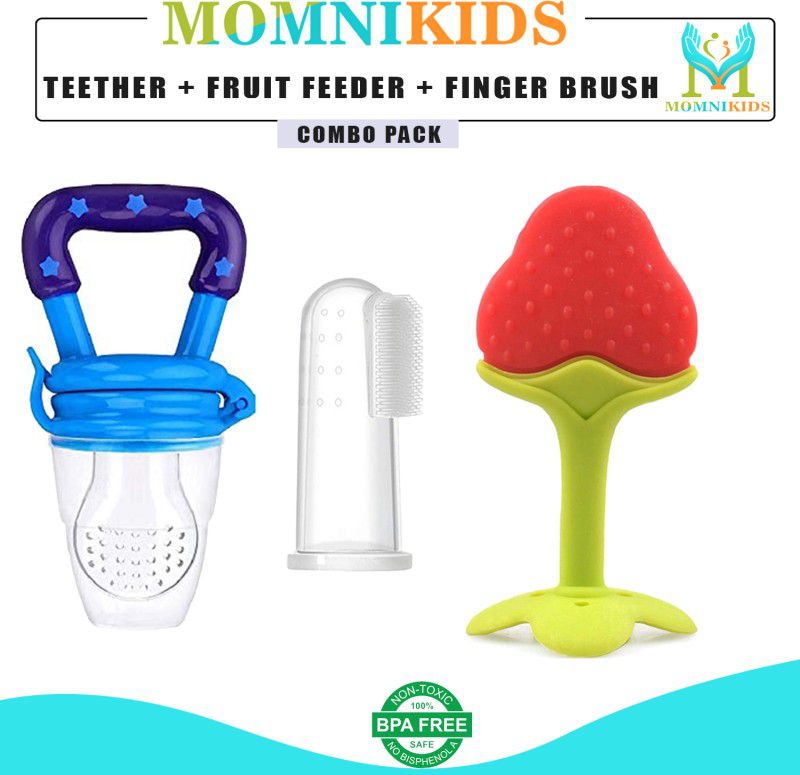 MOMNIKIDS Combo Pack of 3 Strawberry Fruit Shape Teether Fingur Brush and Feeder Teether and Feeder  (Multicolor)