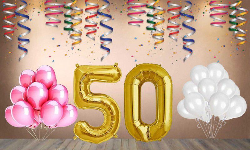 Balloonistics Gold Number 50 Foil Balloon and 25 Nos Pink White Metallic Shiny Latex Balloon  (Set of 1)