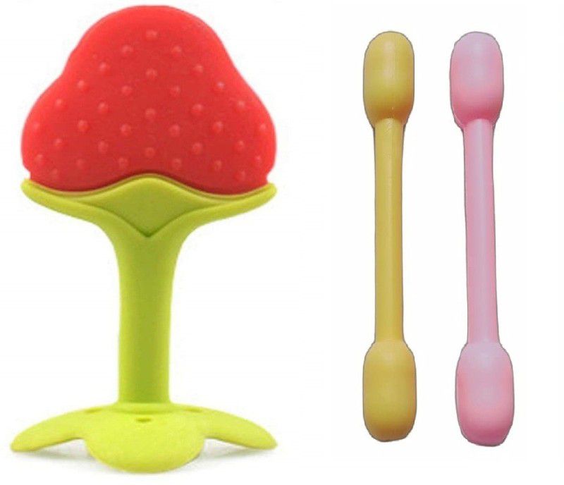 GREST Silicone Strawberry Fruit Shape Teether with Dumbler / Sticks Teether For Babies Teether  (Multicolor)