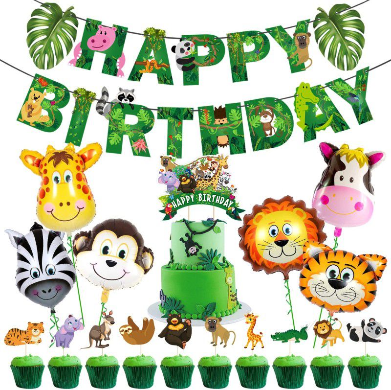 ZYOZI Jungle Safari Happy Birthday Decoration,Animal Birthday Decoration (Pack of 18)  (Set of 18)