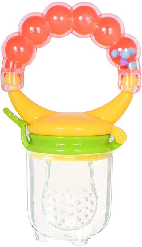 HUF & NUF TEETHER RATTLE HANDLE BPA FREE SILICONE FOOD NIBBLER FOR FOOD AND VEGETABLES Soother  (RATTLE YELLOW)
