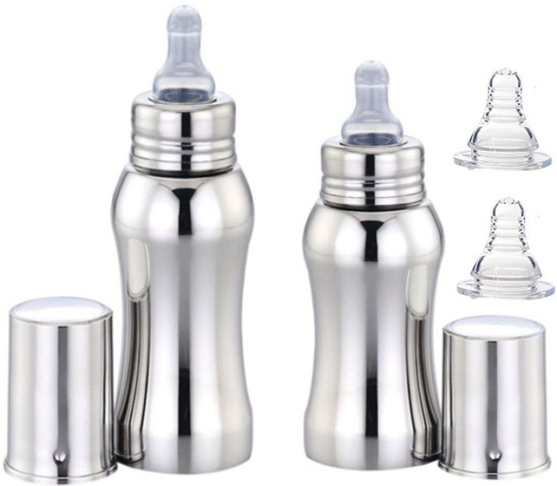 Beautiq Baby Collections Stainless Steel Baby Feeding Bottle Combo(Pack of 2) 300ml and 220ml with 2 Additional Nipples - 520 ml  (Silver)