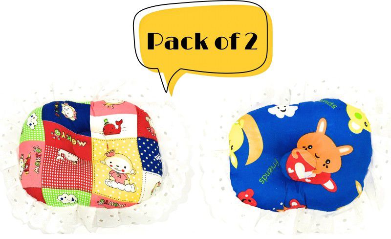 The Little Lookers Polyester Fibre Printed & Frilled Baby Pillow Pack of 2  (Red & Light Blue)