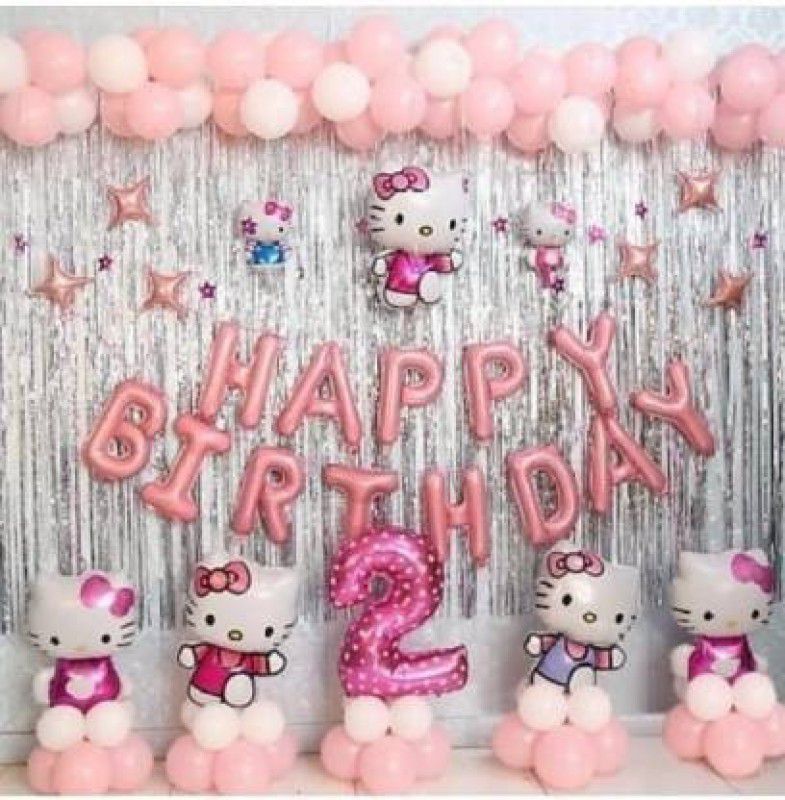 decokart 2 kitty with 2 no foil birthday combo-13 pc happy birtday foil balloon,2 no foil,2 kitty foil,2 silver curtain,32 balloon-apck of 50  (Set of 50)
