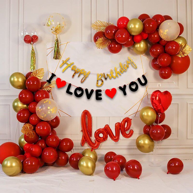 decokart Red I Love You Decoration Happy Birthday Combo Kit 45Pcs Love Foil Balloon Red -Gold Metallic Balloon,For Adult, husband, Wife Birthday Party Decoration  (Set of 45)