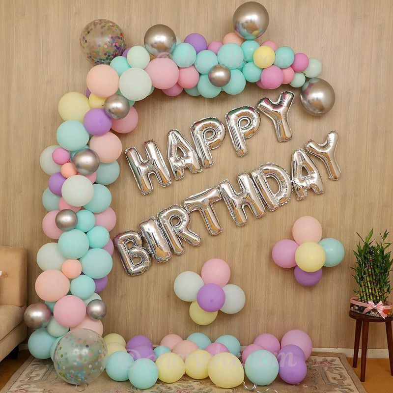SensibleDecoraters Silver Happy Birthday Balloon Decoration Kit - Combo 80 Pcs - Multi Color  (Set of 80)