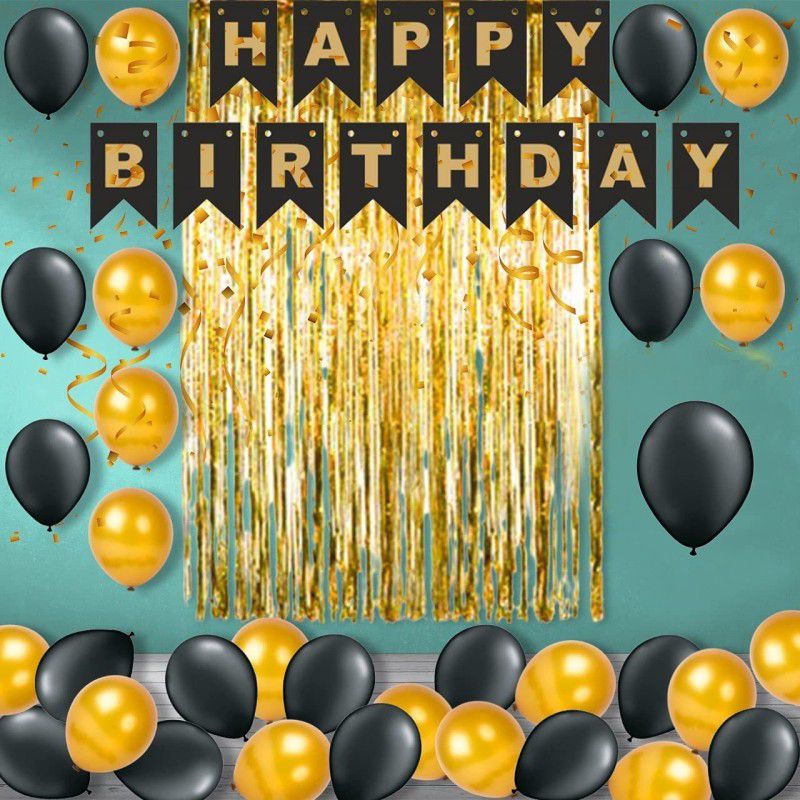 Banner Happy birthday black with 30 black and black balloons with 2 curtain gold decoration set combo  (Set of 31)