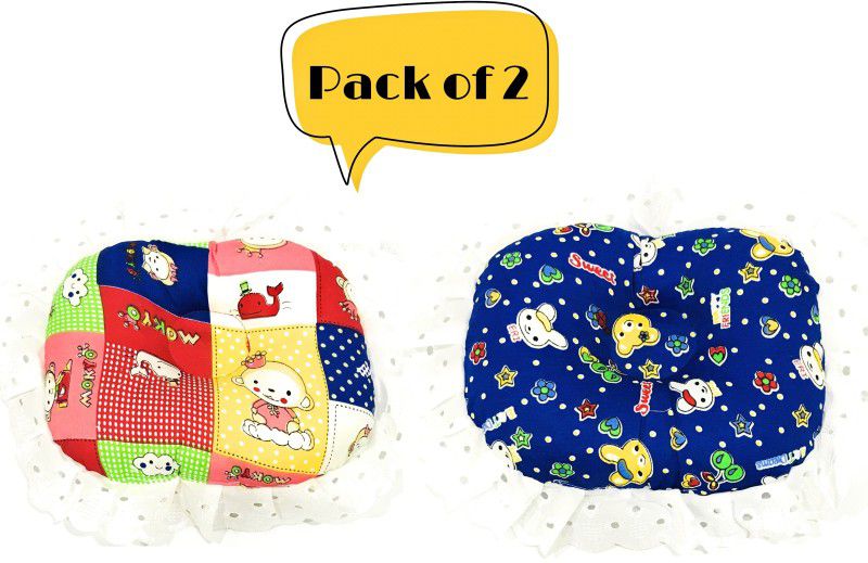 The Little Lookers Polyester Fibre Printed & Frilled Baby Pillow Pack of 2  (Red & Dark Blue)