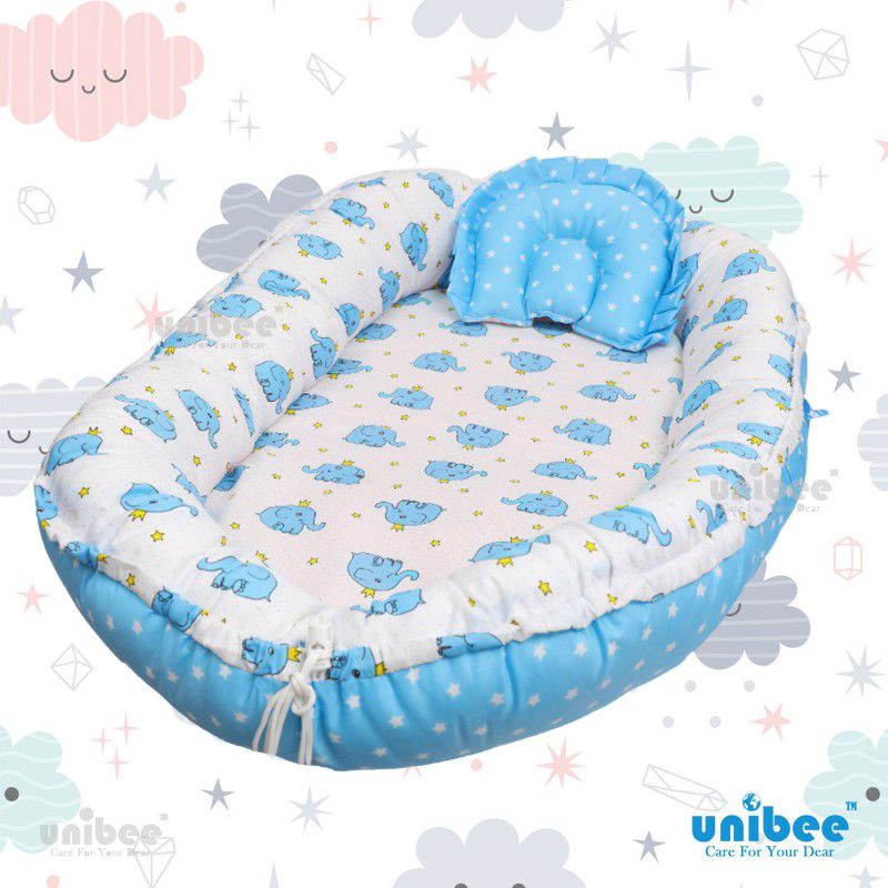 UNIBEE 2 in 1 Cotton Double Side Nest Bed for Babies| Baby Bedding Set with Pillow  (Blue)