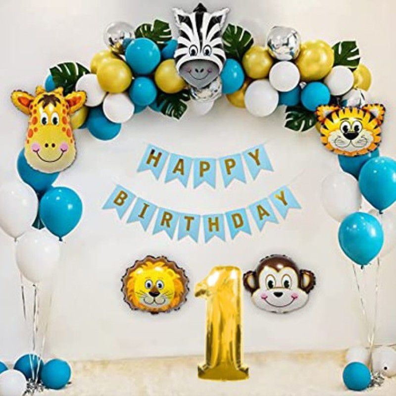 PartyJewels Blue Gold jungle theme birthday decorations kit For First Birthday  (Set of 56)