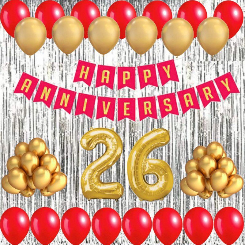 Alaina Happy Anniversary Decoration Kit - 1 Pc Happy Anniversary Banner + 2 Silver Fringe Curtains + 30 Pcs Metallic Balloons (Red + Golden) + 10 Pcs Chrome Golden Balloons + 26 Foil Number in Golden Color  (Set of 45)