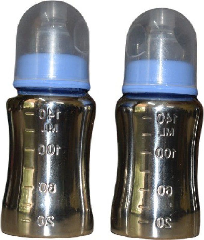 Sage Stainless Steel Infant Baby Feeding Bottle,BPA Free,Medium-Flow Nipple-Pack of 2 - 140 ml  (Silver)
