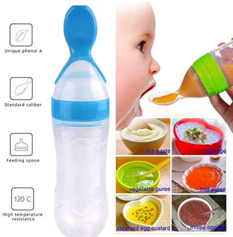 Olsic Silicone Baby Food Feeding Bottle with Spoon (Blue) - 120 ml  (Blue)