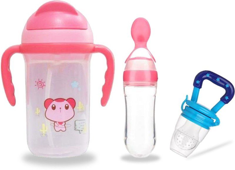 Chinmay Kids Soft Straw Feeding Sipper Anti Spill for Kids With Fruit Feeder And Soother - Made of Food-Grade Material, 100% free of BPA  (Blue, Pink, Light Pink)