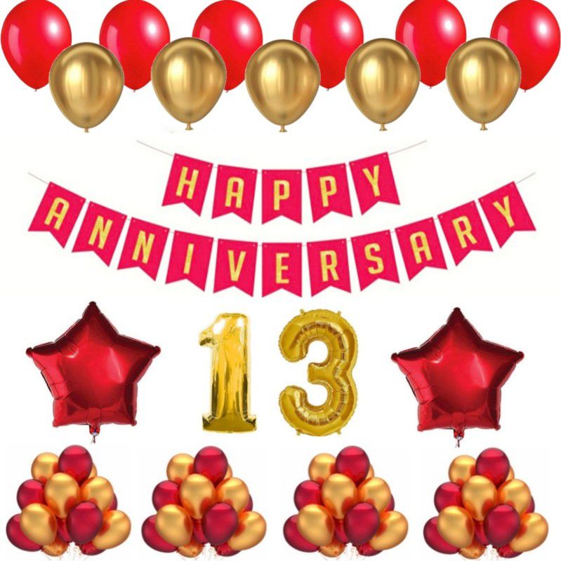 Alaina Happy Anniversary Decoration Kit 55 Pcs Combo - 1 Pc Happy Anniversary Banner (Red & Golden Color) + 50 Pcs Metallic Balloons + 2 Pcs Red Foil Stars + 13 Number Foil in Golden Color  (Set of 55)