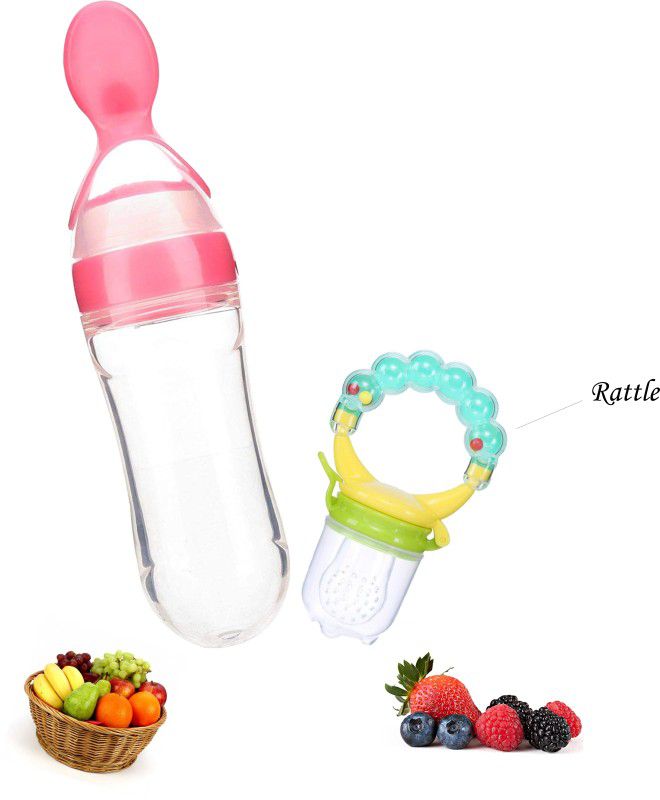 Mojo Galerie Feeding Combo Pack Self-Soother Green Rattle Fruit& Pink Spoon Feeder for Babies - Silicon  (Pink - Green)