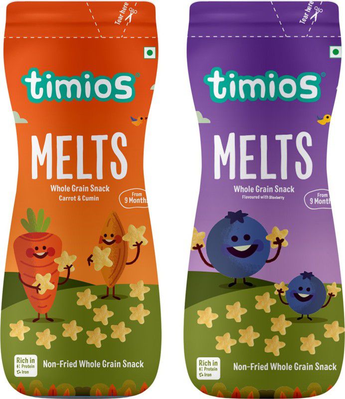 Timios Mix Blueberry and Carrot & Cumin Flavored Melts | Healthy & Natural Food Product for Babies 9+ Months | Pack of 2 Baby Puffs 100 g