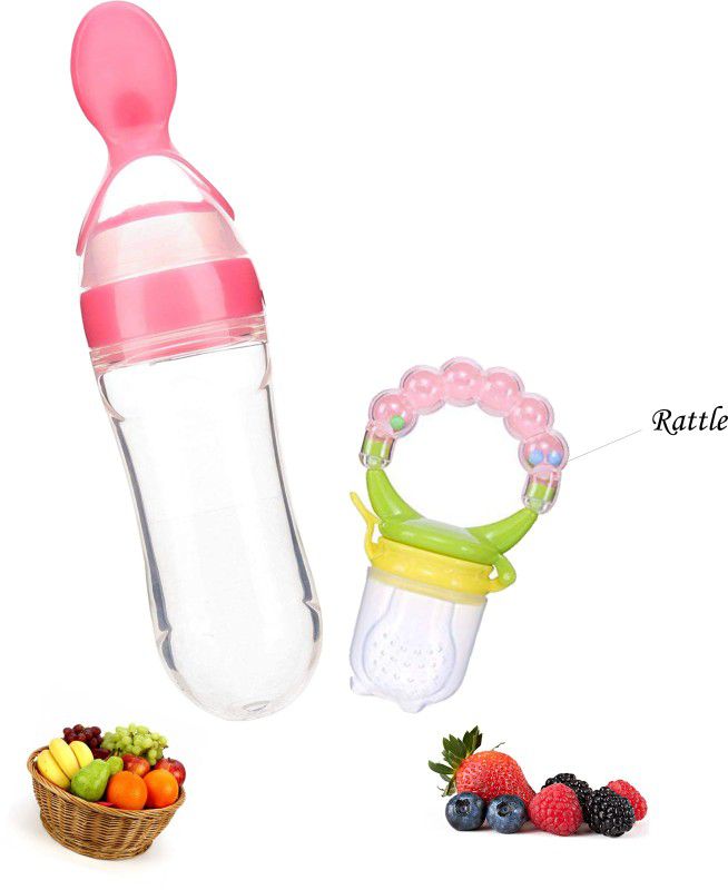 Mojo Galerie Feeding Combo Pack Self-Soother Peach Rattle Fruit& Pink Spoon Feeder for Babies - Silicon  (Pink - Peach)