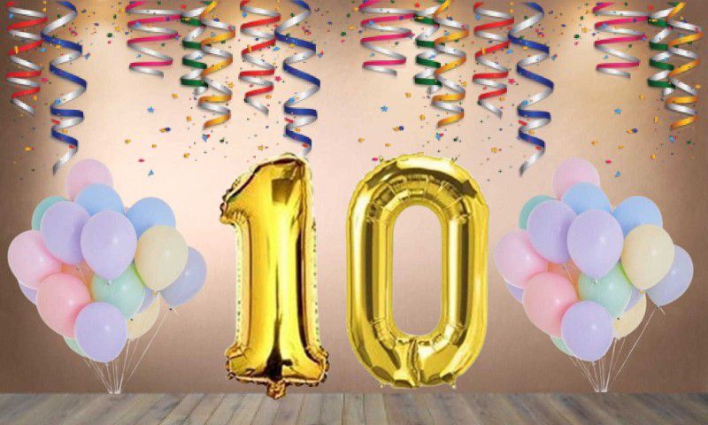 Balloonistics Gold Number 10 Foil Balloon and 25 Nos Pastel Multicolor Latex Balloon  (Set of 1)