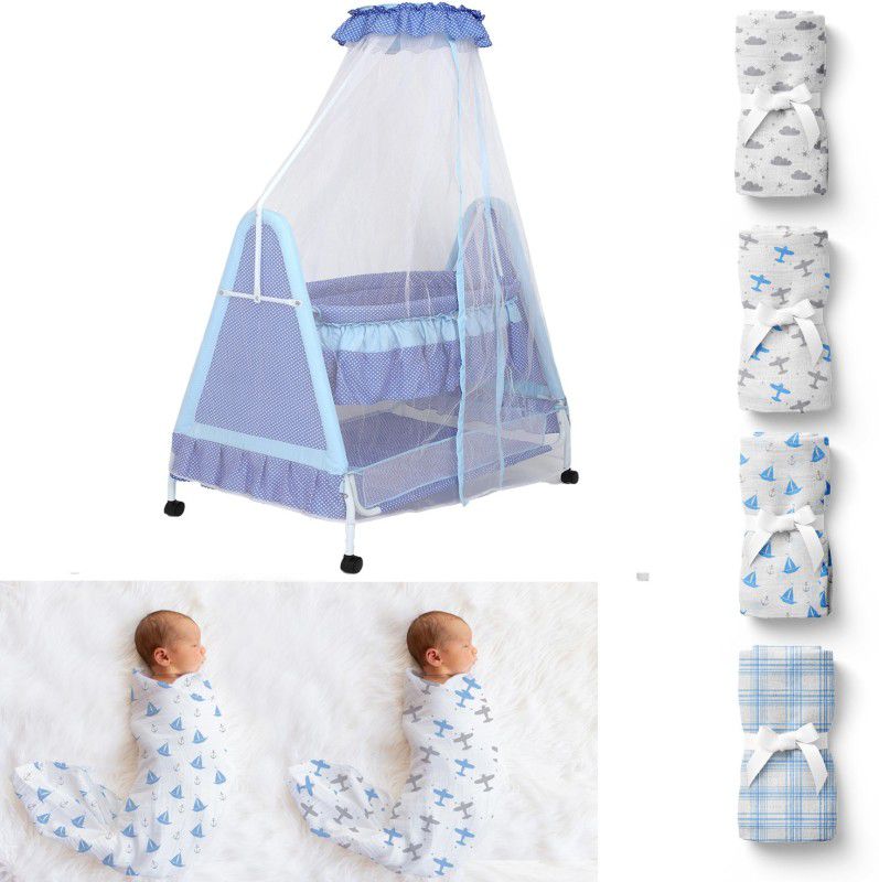 KIDDERY Polkamania Baby Combo Pack 1 Cradle 4 Wash Cloths 2 Wraps Airplane & Yatch Blue Bassinet  (Blue)