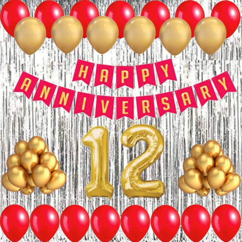 Alaina Happy Anniversary Decoration Kit - 1 Pc Happy Anniversary Banner + 2 Silver Fringe Curtains + 30 Pcs Metallic Balloons (Red + Golden) + 10 Pcs Chrome Golden Balloons + 12 Foil Number in Golden Color  (Set of 45)