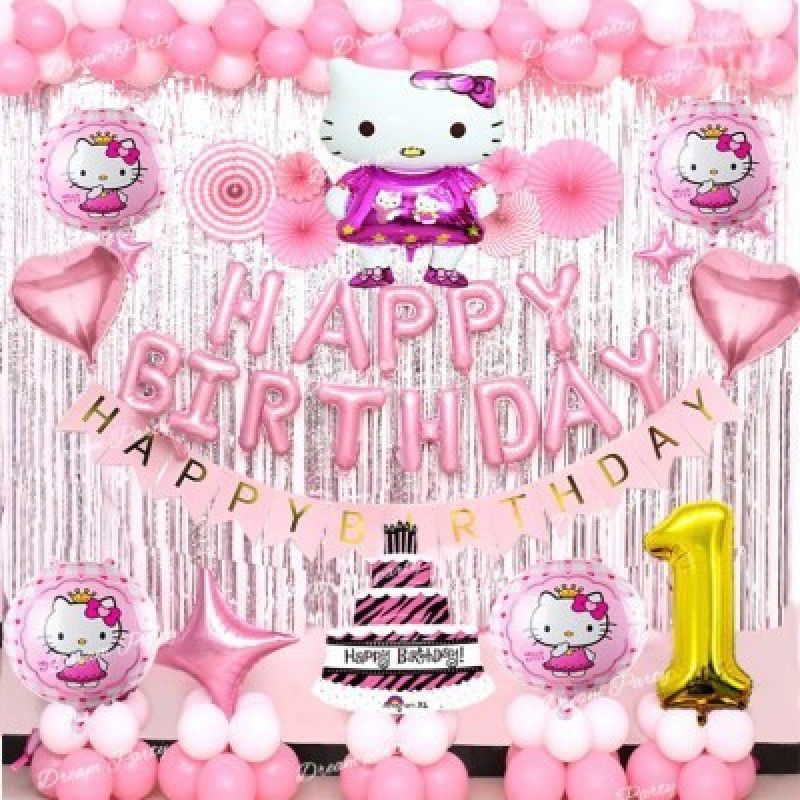 Anayatech Ist birthday kitty birthday combo-1 happy foil banner,1 birthday banner,1 kitty foil,4 round kitty balloon,2 heart ,2 silver curtain,1 no foil,14 pink balloon,14 white balloon-pack of 52  (Set of 52)