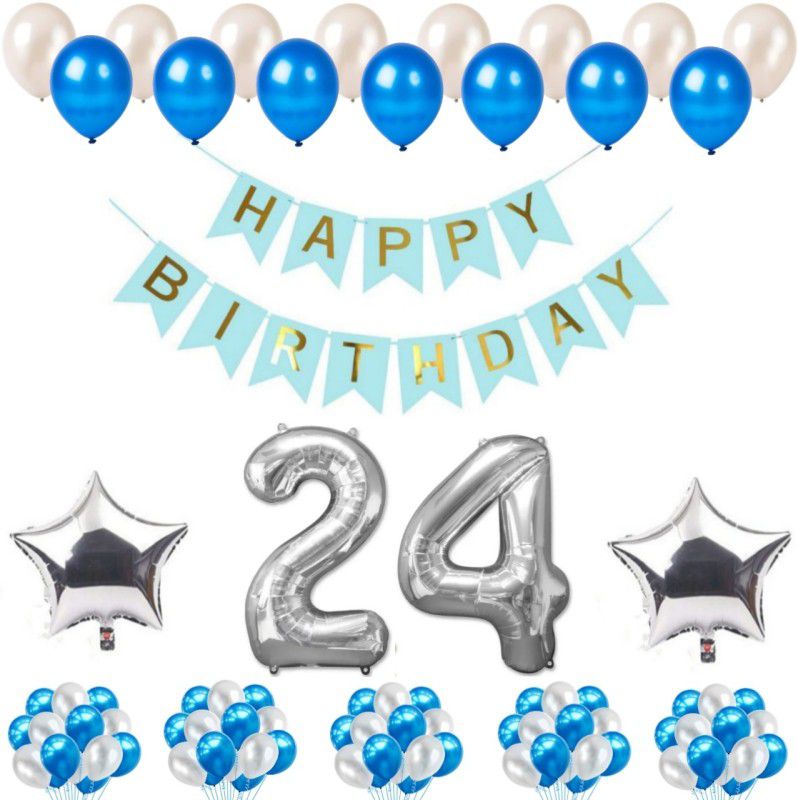 Alaina Happy Birthday Decoration Kit 55 Pcs Combo Pack - 1 Pc of Happy Birthday Banner (Blue & Golden Color) + 50 Pcs Metallic Balloons + 2 Pcs Silver Foil Stars + 24 Number Foil in Silver Color  (Set of 55)